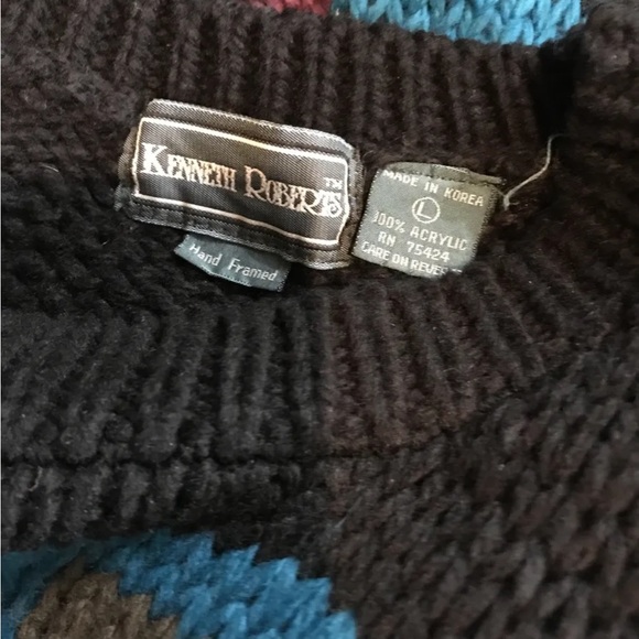 Vtg Kenneth Roberts Chunky Black Sweater With Multicolor Design - Men’s Large - Picture 3 of 3